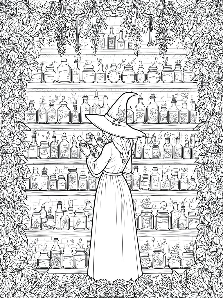 Witch in pointed hat and gown views shelves of potion bottles amid hanging vines