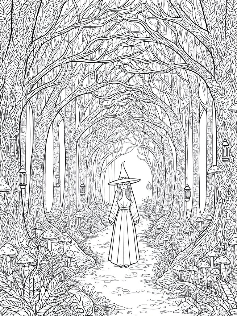 A black and white line drawing of a witch in a pointed hat and long dress standing on a path in a forest with tree branches arching overhead, mushrooms, and lanterns.