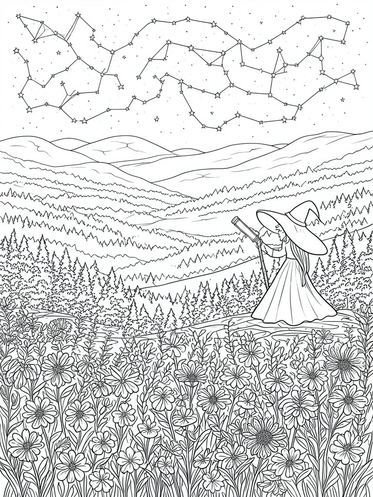 A line drawing of a witch in a wide hat looking through a telescope in a flower field under a sky filled with constellations and stars above mountains.