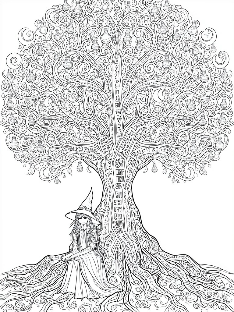 Witch in pointed hat beneath elaborate tree covered in hanging potion bottles