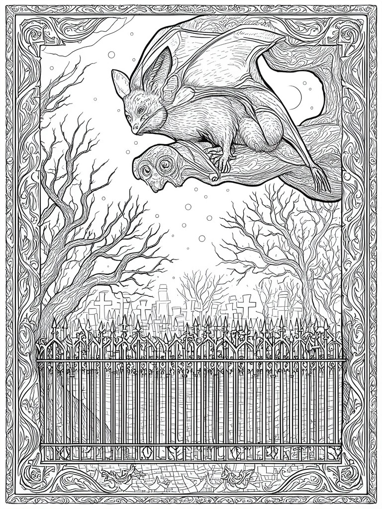 A black and white line drawing shows a large bat flying above a cemetery with crosses, a spiked fence, bare trees, and an ornate border.
