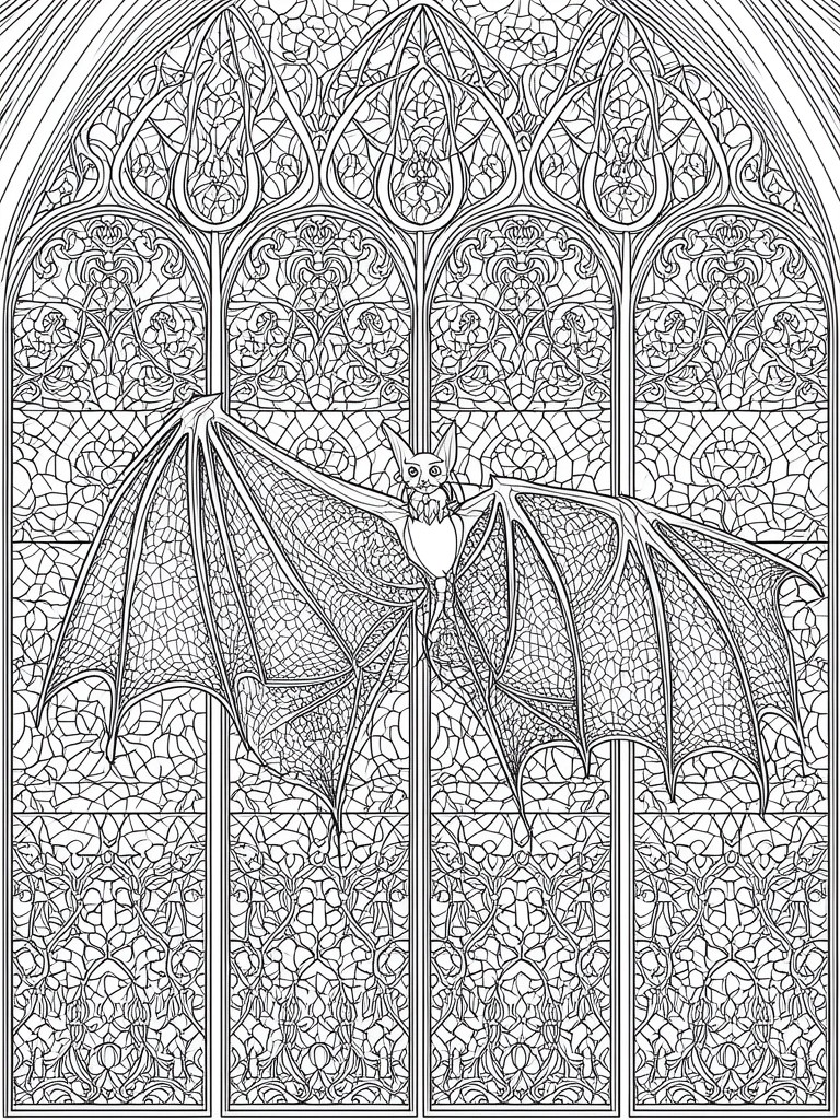 A coloring page of a bat with outstretched wings in front of a large ornate Gothic window filled with floral patterns.