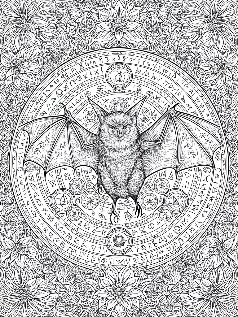 Black and white line art of a bat over a rune-filled occult circle with floral border.