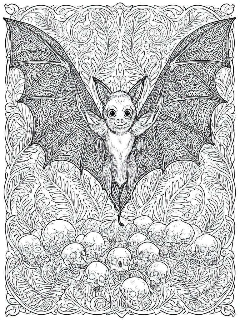 Ornate black-and-white line art of a bat with spread wings above skulls and swirling foliage.