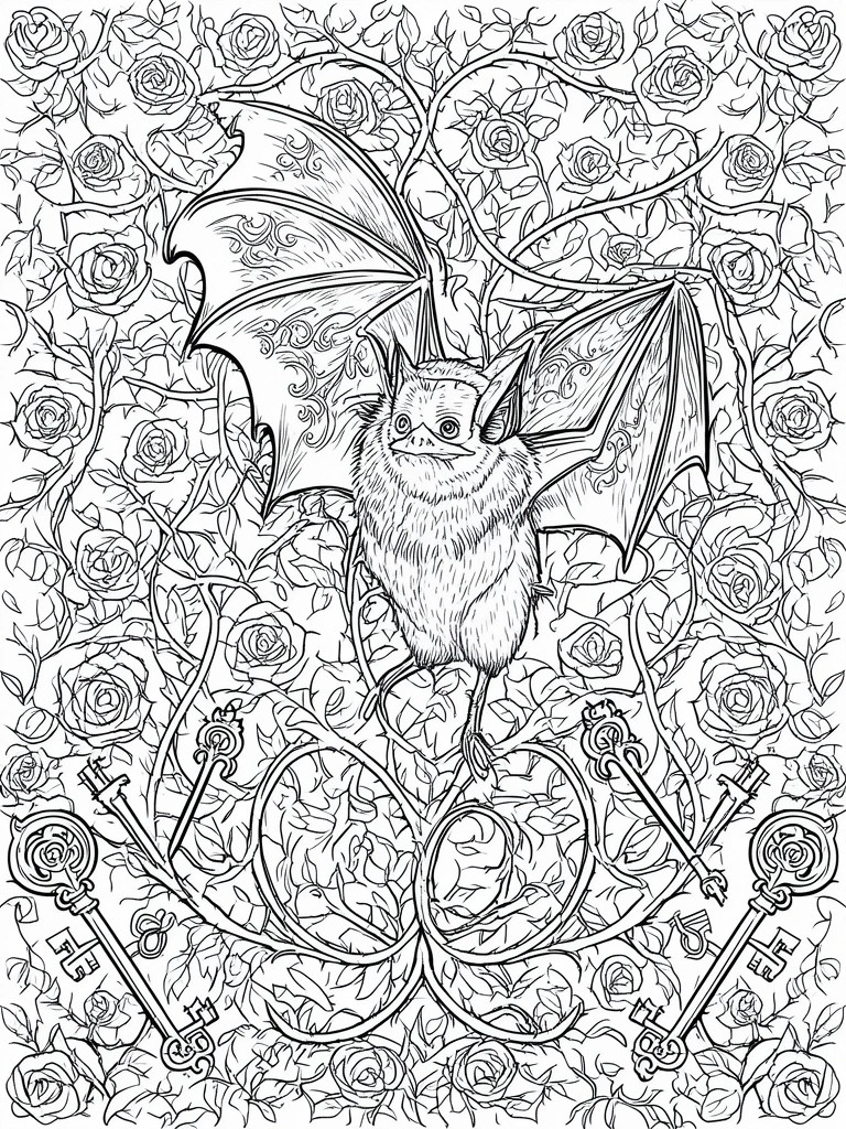 A black and white line drawing of a bat with spread wings in front of roses and vines, with ornate keys at the bottom.
