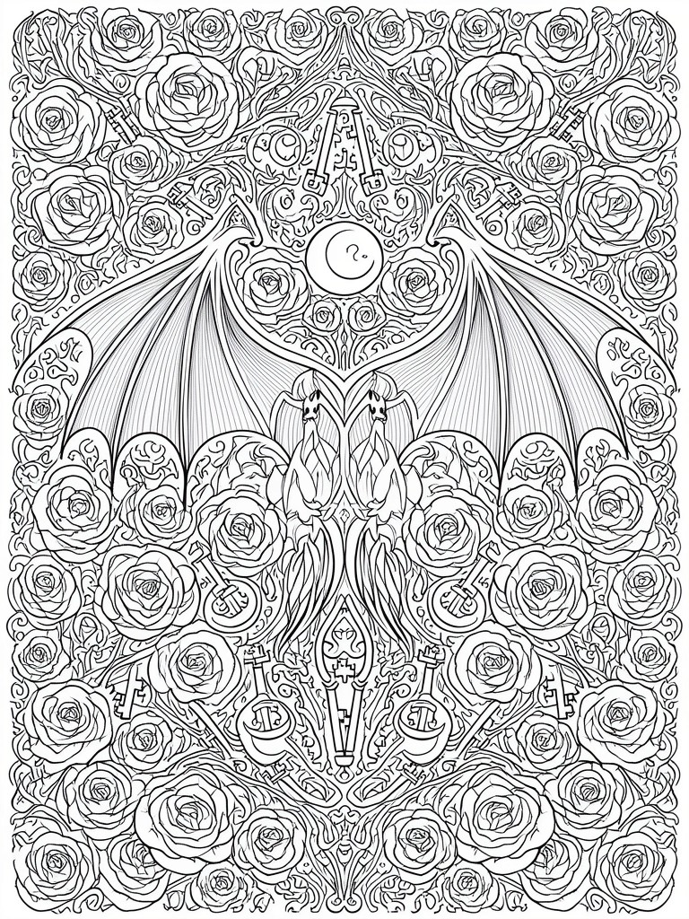A symmetrical coloring page shows two bats with spread wings, a crescent moon, many roses, and scattered keys in an intricate gothic style.