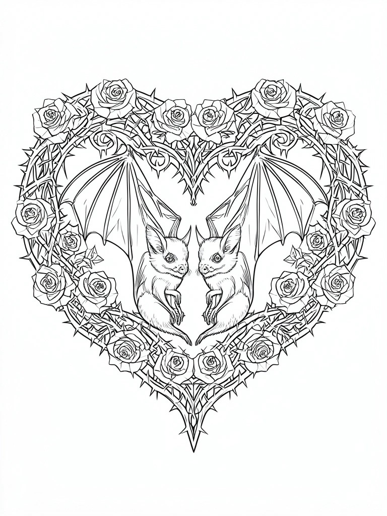 Two bats sit inside a heart border made of roses and thorny vines.