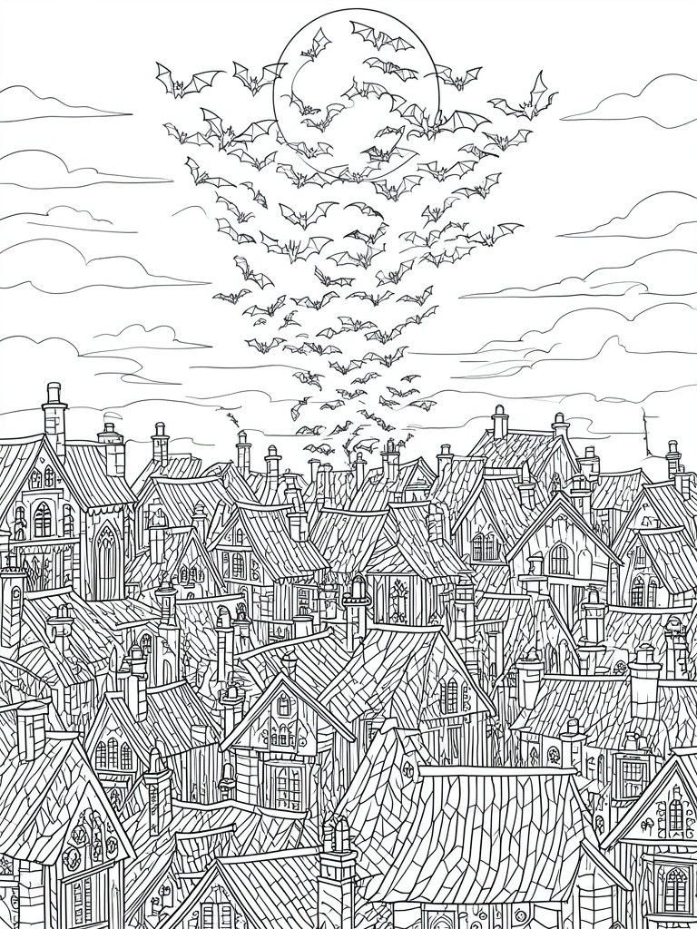 Bats swarm around a full moon above a dense cluster of rooftops and chimneys.