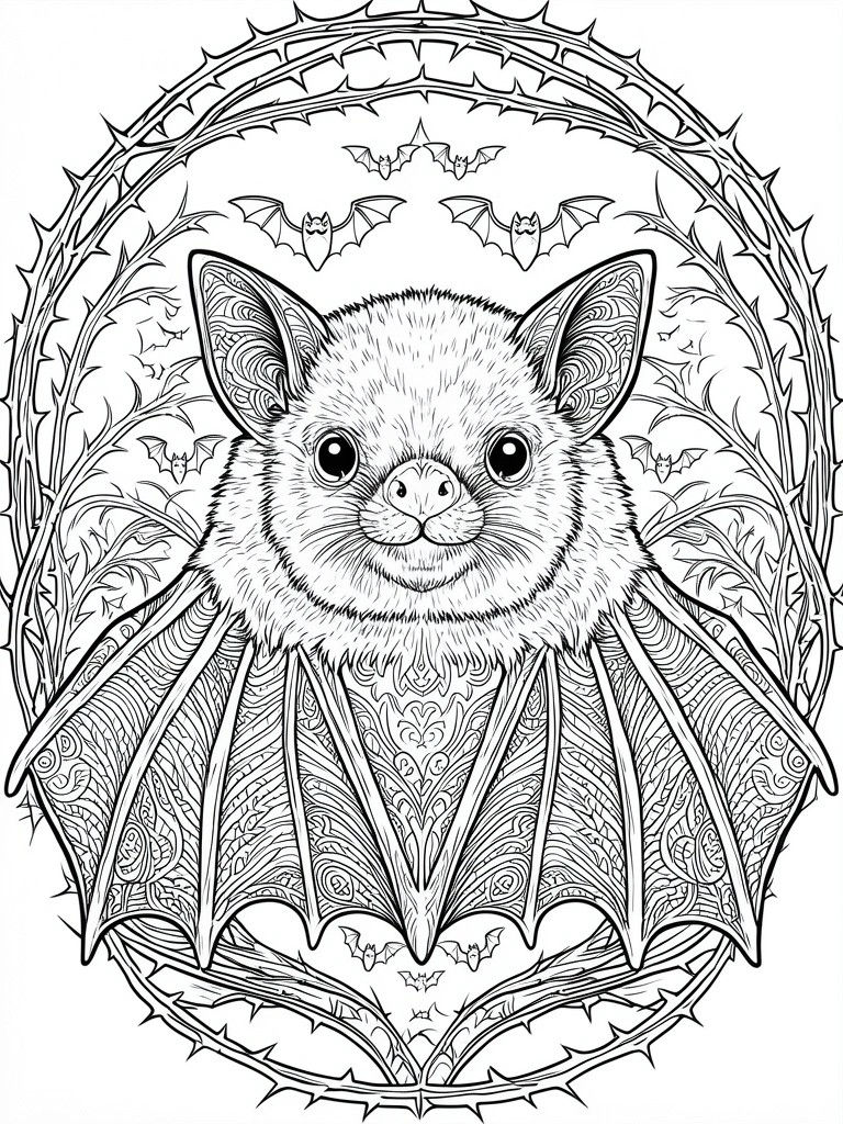 A detailed line drawing of a bat with large ears and patterned wings centered in a circle of thorny vines, with smaller bats flying above and below.