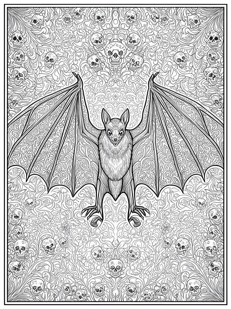 Central bat with spread wings amid swirling skulls and intricate line patterns.