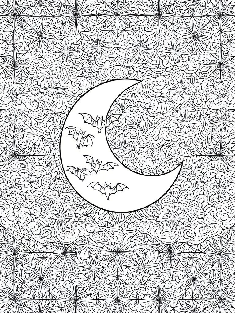 Coloring page with crescent moon, flying bats, and intricate starry sky patterns.