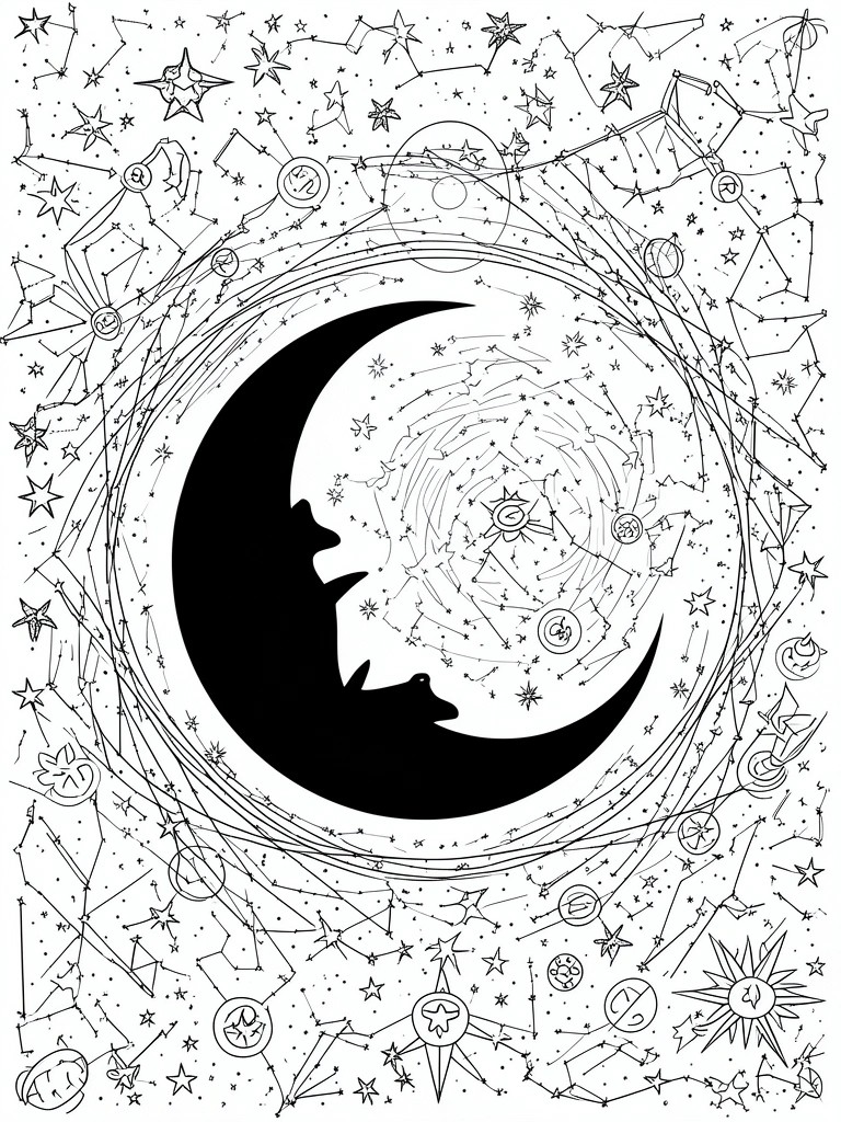 Black crescent moon with cat silhouette amid swirling stars and constellations in line art.