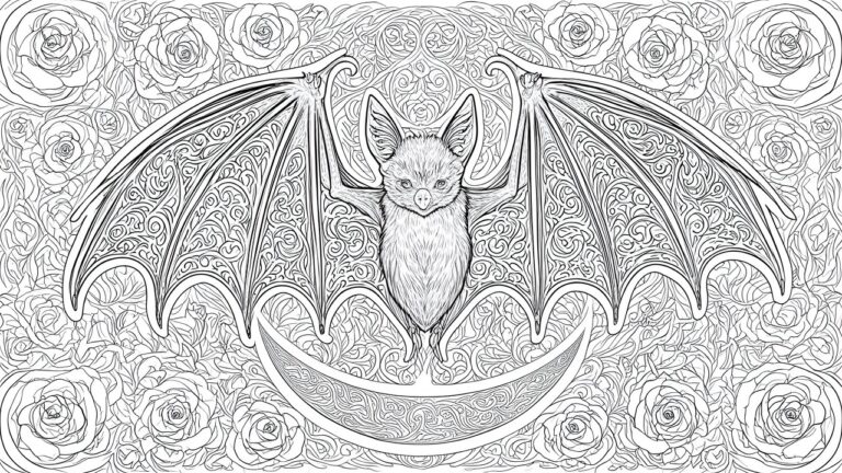 22 Unique Bat Coloring Pages Perfect for Gothic Halloween Artwork A coloring page shows a bat with spread wings in front of a crescent moon, enclosed in a circle and surrounded by roses with intricate swirl patterns.
