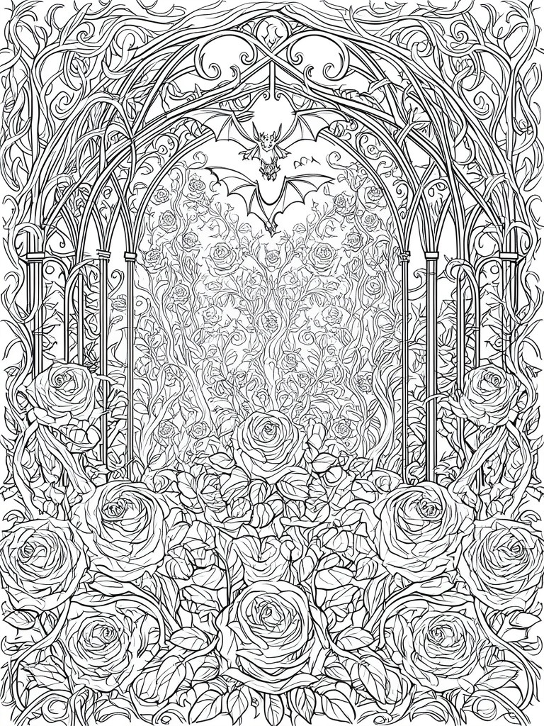 Ornate gothic arch entwined with roses, vines, candles, and flying bat creature