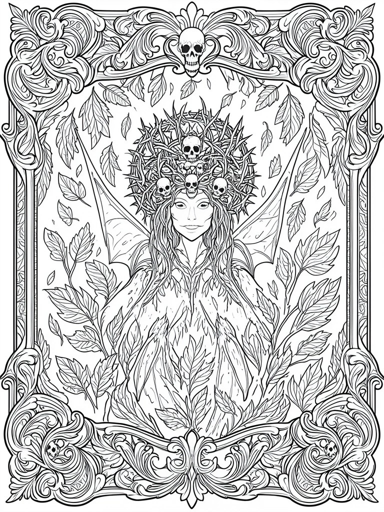 A detailed line drawing of a bat-winged figure with a thorny skull crown, surrounded by leaves inside an ornate frame with skulls.