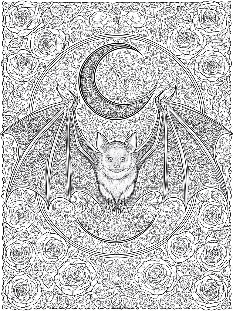 A coloring page shows a bat with spread wings in front of a crescent moon, enclosed in a circle and surrounded by roses with intricate swirl patterns.
