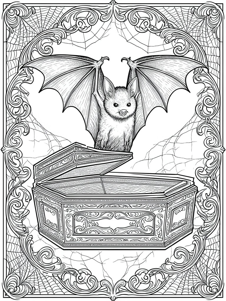 A black and white coloring page shows a bat with open wings above an ornate open coffin, framed by spiderwebs and decorative swirls.