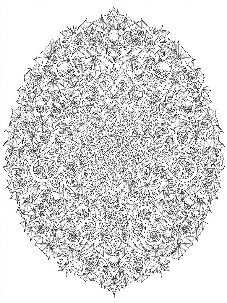 Intricate black-and-white mandala with bats, skulls, roses, and crescent moons.