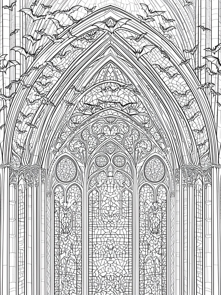 A black and white line drawing of an ornate Gothic cathedral arch filled with stained glass patterns and bats flying around the structure.