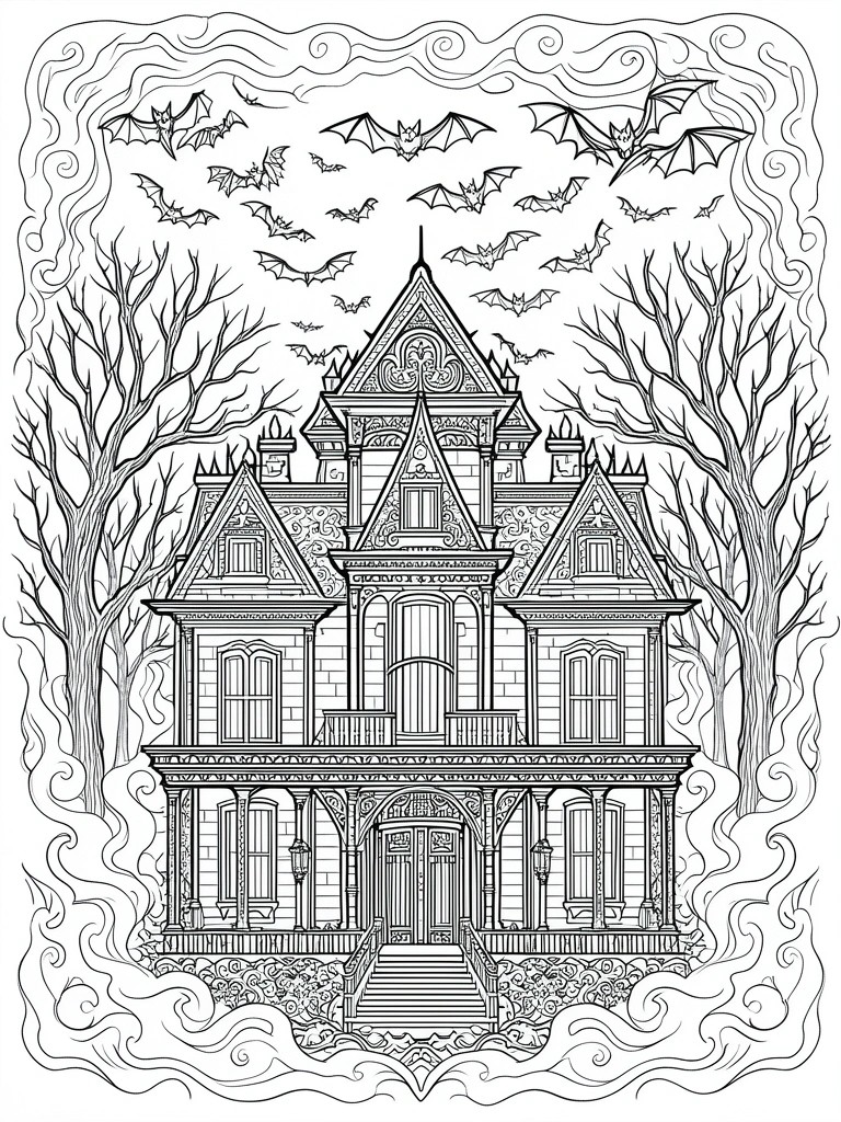 A detailed line drawing of a large Victorian-style haunted house with bats flying around it, flanked by leafless trees and swirling mist at the base.
