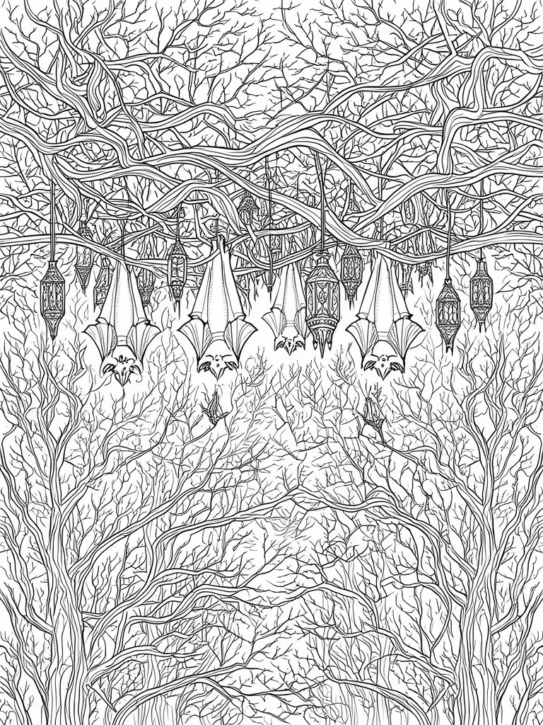 Line art forest with bats and ornate lanterns hanging from bare tangled branches.
