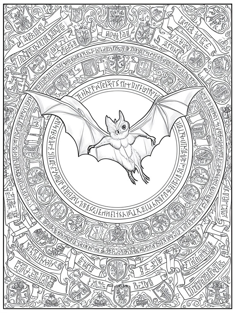 Ornate black-and-white line art of a bat centered amid circular heraldic shields and runes.