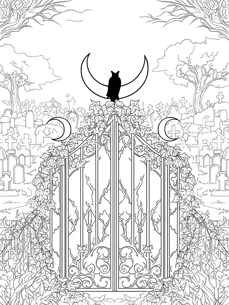 A black and white line drawing of ornate cemetery gates with ivy, a bat on a crescent moon above, and tombstones in the background.