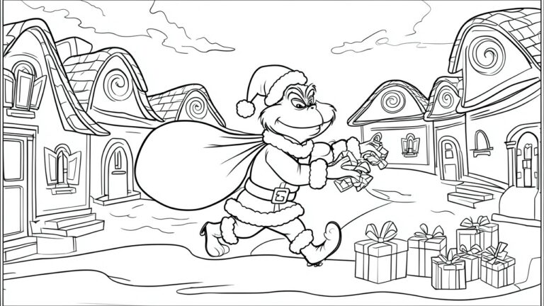 22 Whimsical Grinch Christmas Coloring Pages Full of Festive Fun Black and white line drawing of the Grinch in Santa suit with sack standing before two snow-covered houses.