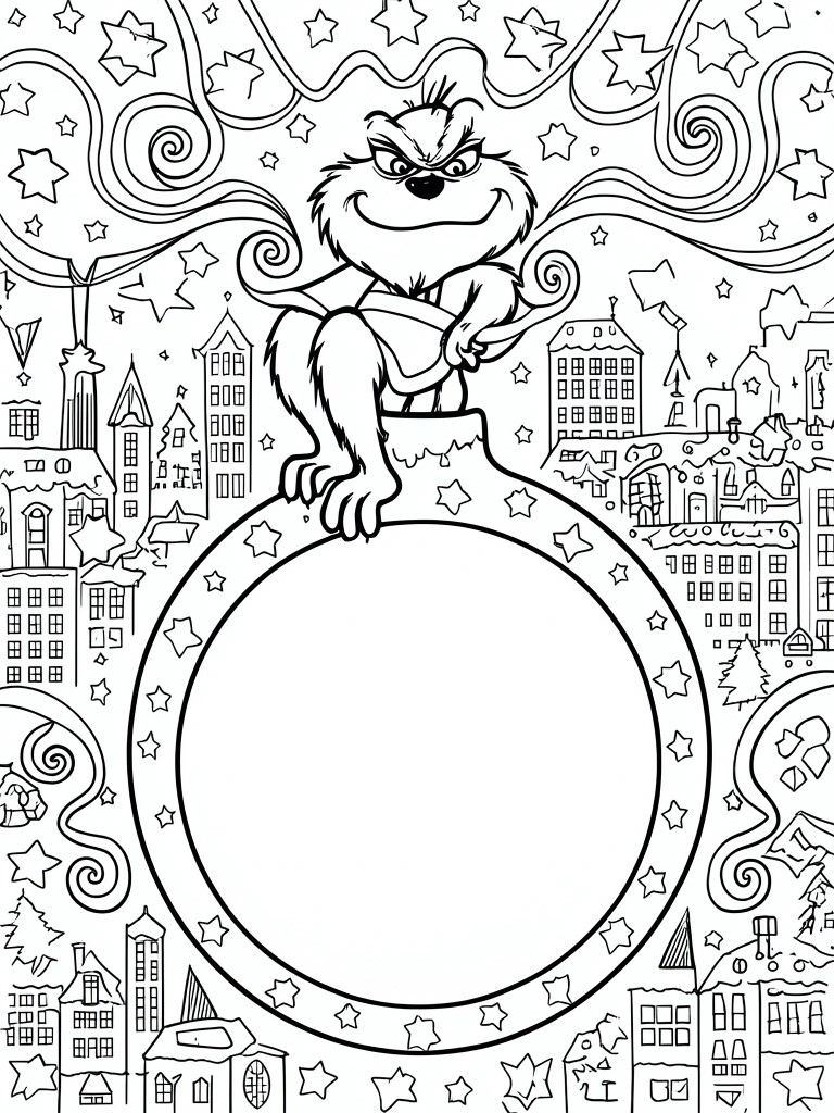 Grinch perched on giant Christmas ornament above starry cityscape, black-and-white line art.