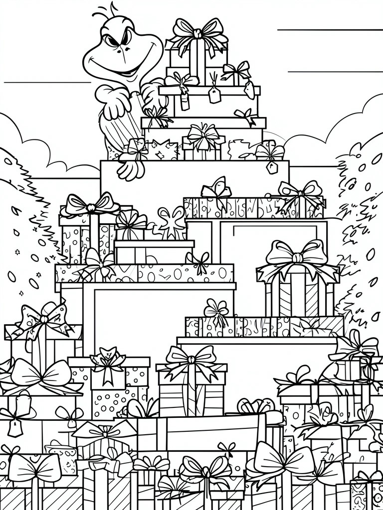 Coloring page of Grinch peeking from towering stack of gift boxes with bows