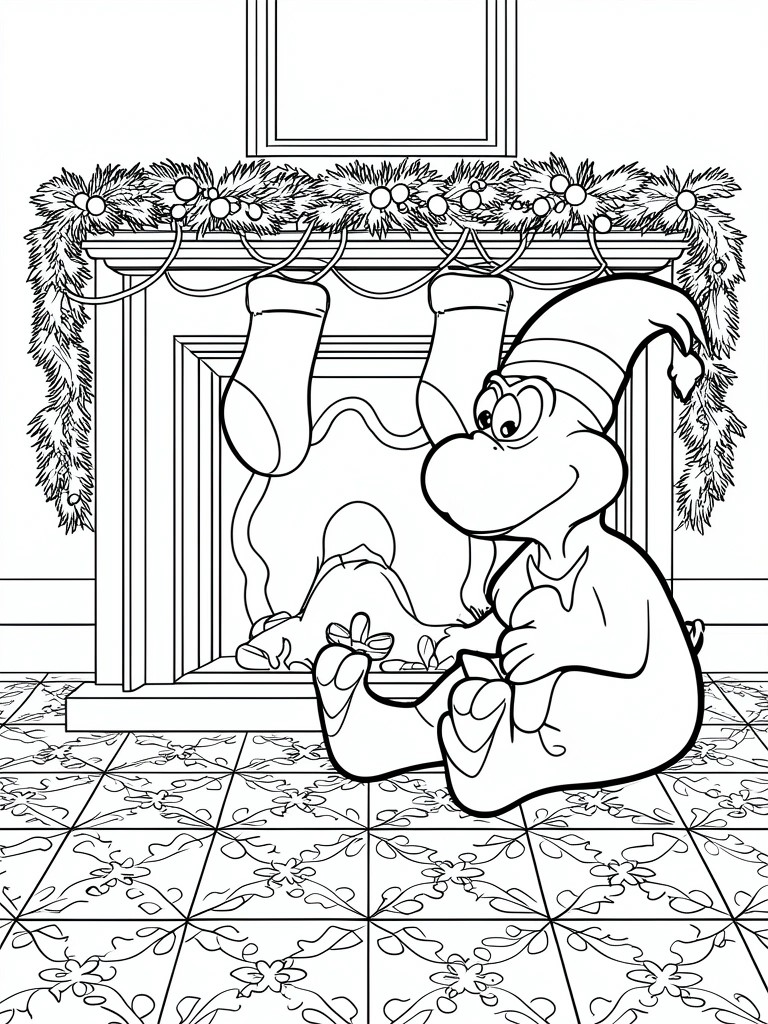 A cartoon Grinch sits on a tiled floor holding a gift in front of a fireplace with two stockings and garland across the mantel.
