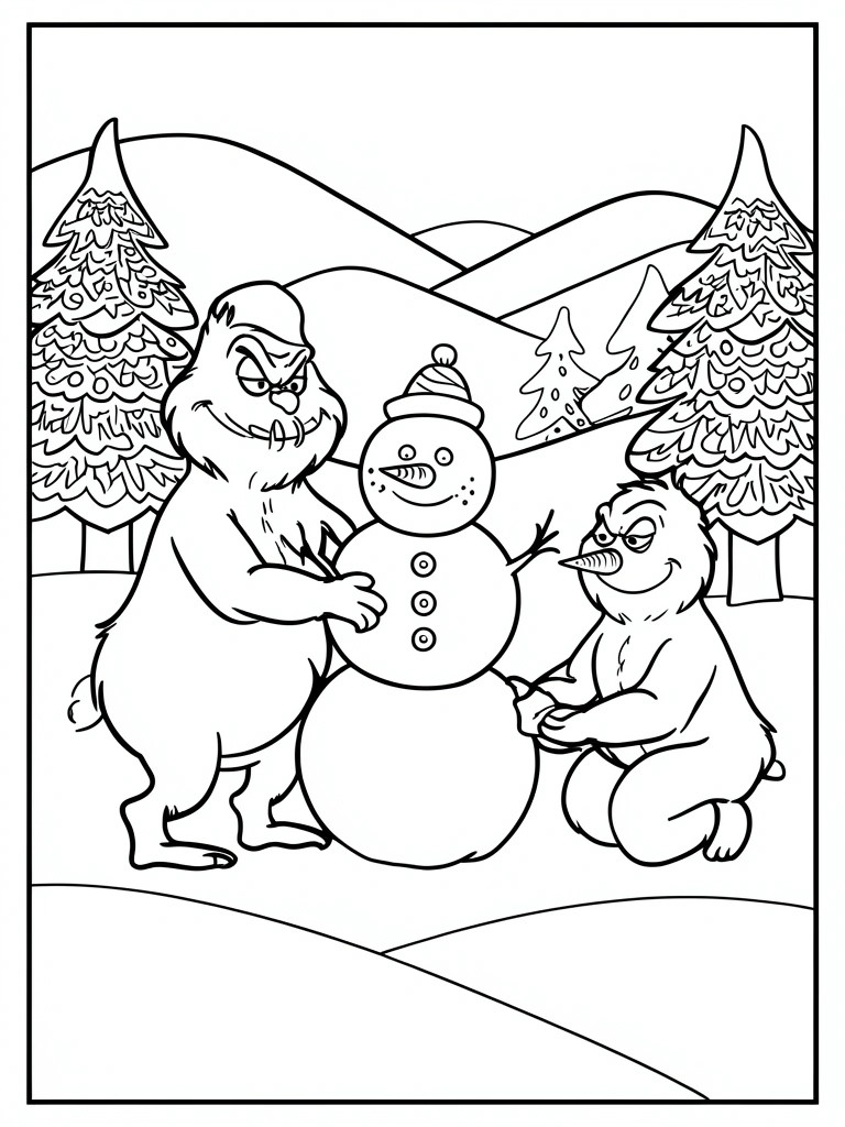 A black and white coloring page shows two Grinch-like creatures building a snowman in a snowy forest with pine trees and hills.