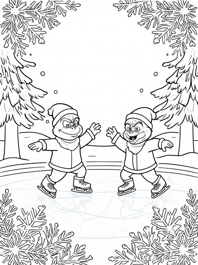 Two cartoon chipmunks in winter jackets and hats ice skating amid snowflakes and trees.