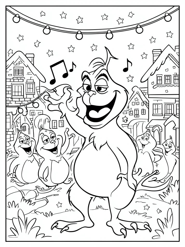A black and white coloring page shows the Grinch singing in the center with several smaller Whos around him, houses in the background, and stars plus string lights overhead.
