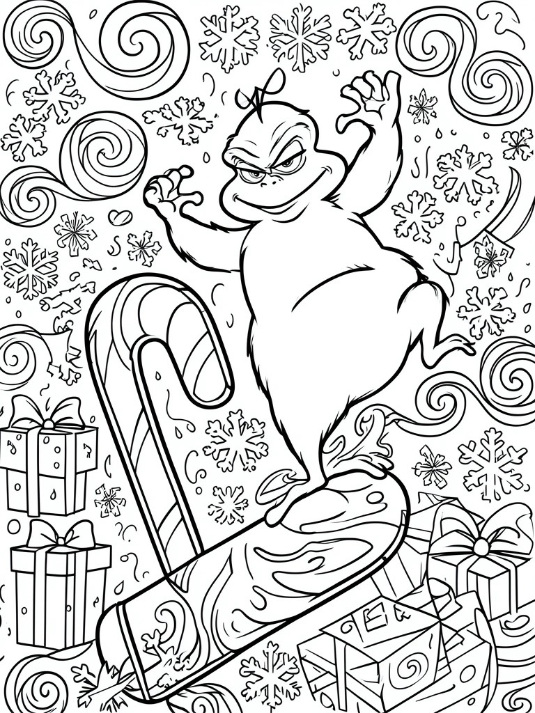 Grinch waving on giant candy cane amid snowflakes and wrapped gifts