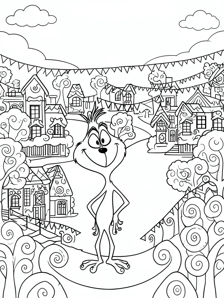 Grinch smirking with hands on hips in festive Whoville village with flags