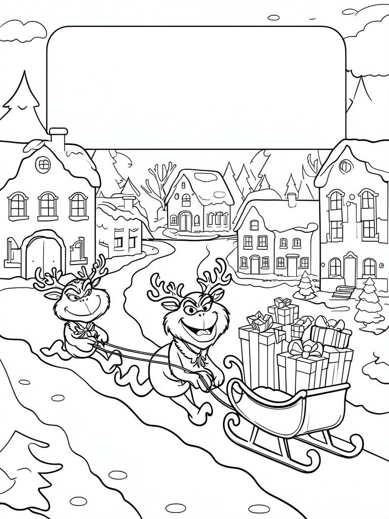 Two cartoon reindeer pull a gift-filled sleigh through a snowy Christmas village line art.