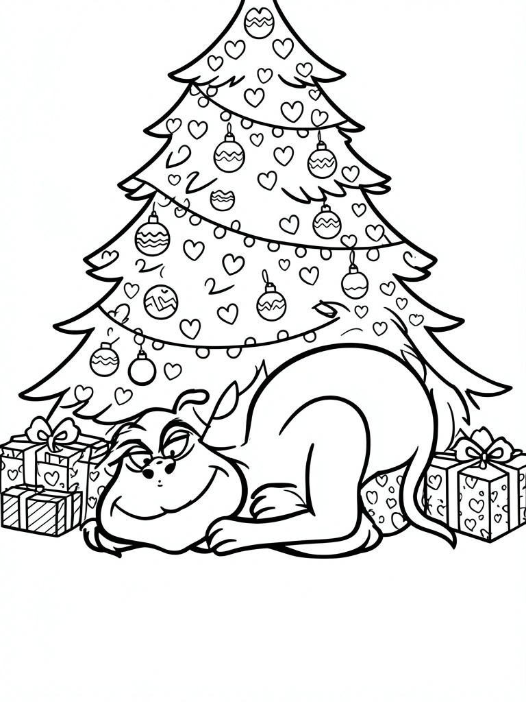Grinch reclining beside a heart-decorated Christmas tree with wrapped gift boxes