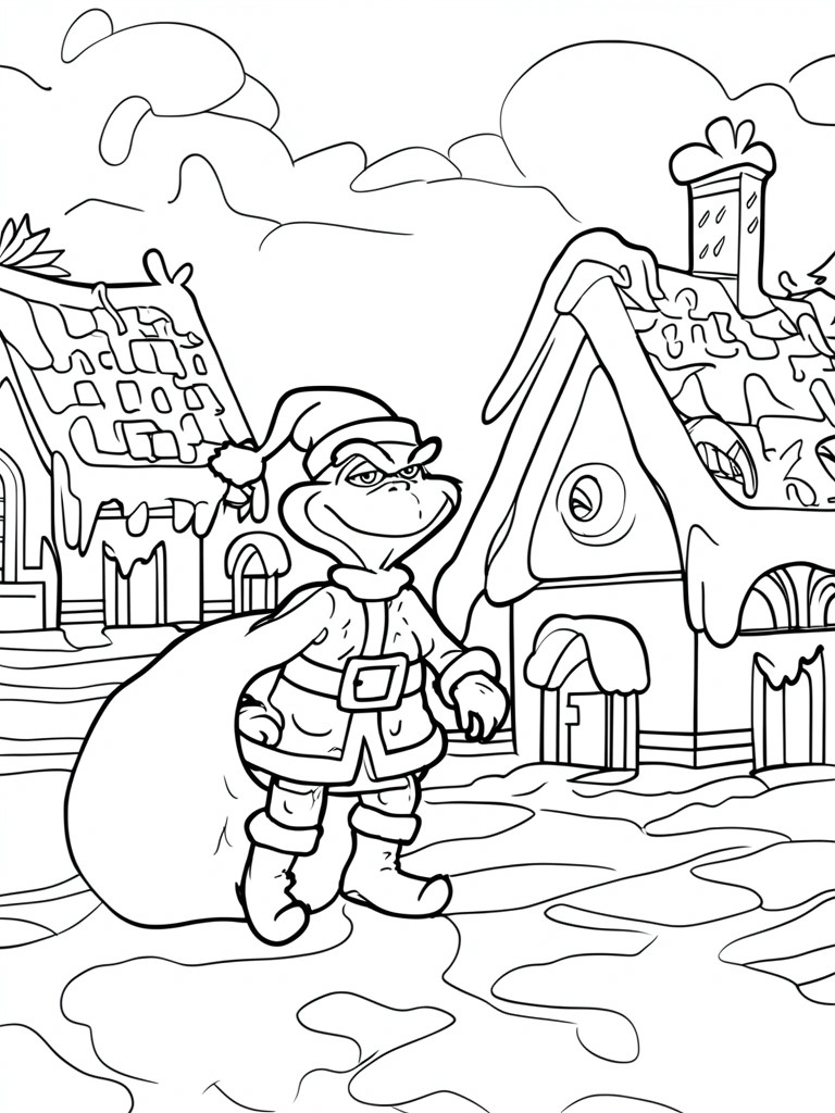 Black and white line drawing of the Grinch in Santa suit with sack standing before two snow-covered houses.