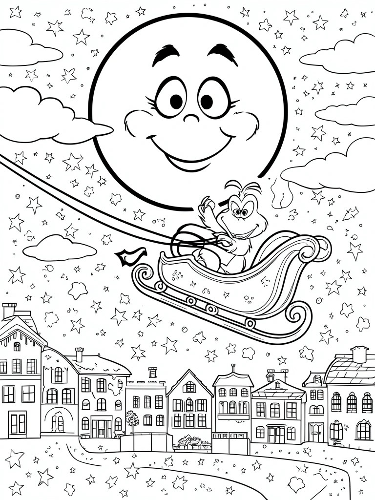Smiling moon overlooks reindeer waving from sleigh above starry town rooftops