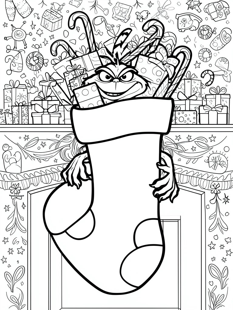A black and white line drawing of the Grinch emerging from a large Christmas stocking on a mantel surrounded by gifts and candy canes.