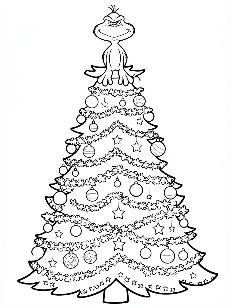 A black and white line drawing of the Grinch as a tree topper on a decorated Christmas tree with garlands, ornaments, and stars.