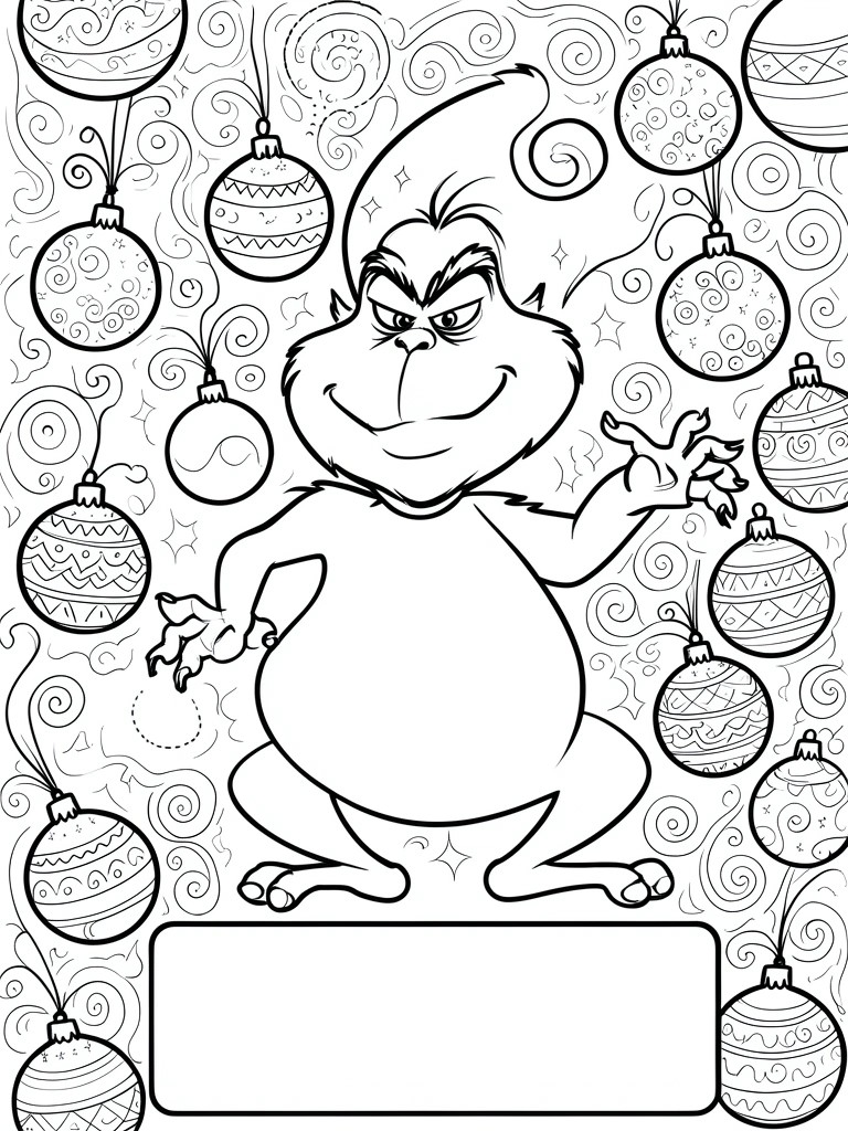 Grinch gesturing amid hanging patterned Christmas ornaments in black-and-white coloring page style