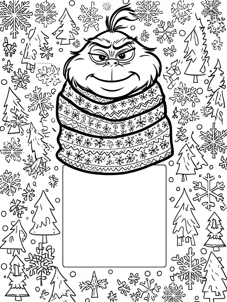 Grinch with furrowed brows wrapped in patterned scarf amid snowflakes and pine trees line art