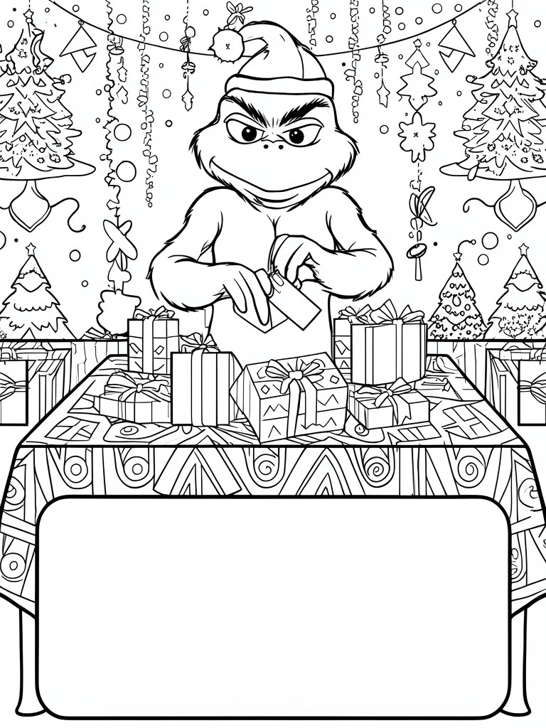 Grinch in Santa hat wrapping gifts on table amid Christmas trees and decorations