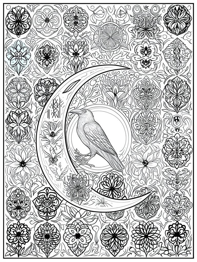 Detailed line drawing of bird perched on crescent moon amid ornate floral patterns