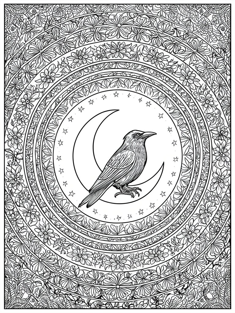 A black and white coloring page with a raven on a crescent moon, enclosed by rings of flowers, leaves, and stars.