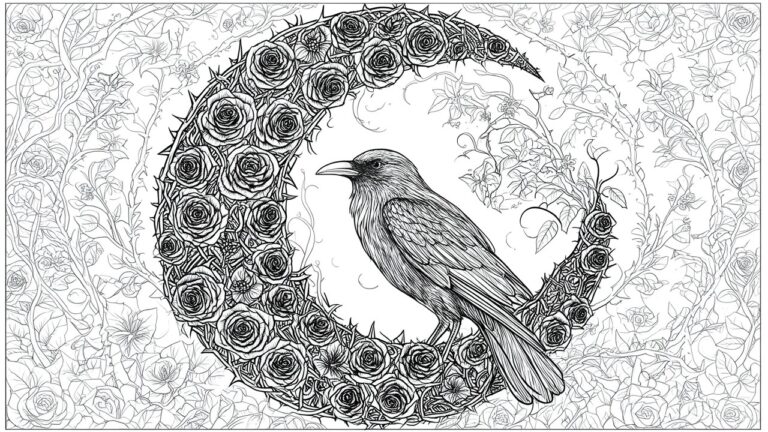 Intricate black-and-white line art of a raven on a rose-entwined crescent moon.