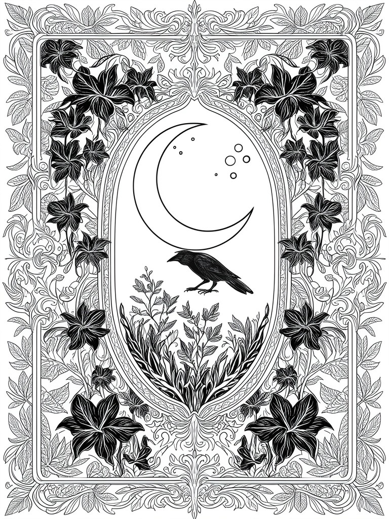A black and white coloring page with a raven under a crescent moon inside an ornate oval frame surrounded by dense leaves and flowers.