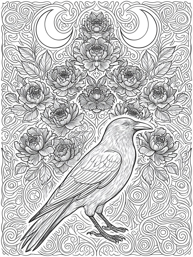 A black and white line art coloring page shows a raven in the foreground surrounded by large flowers, leaves, swirling patterns, and two crescent moons at the top.